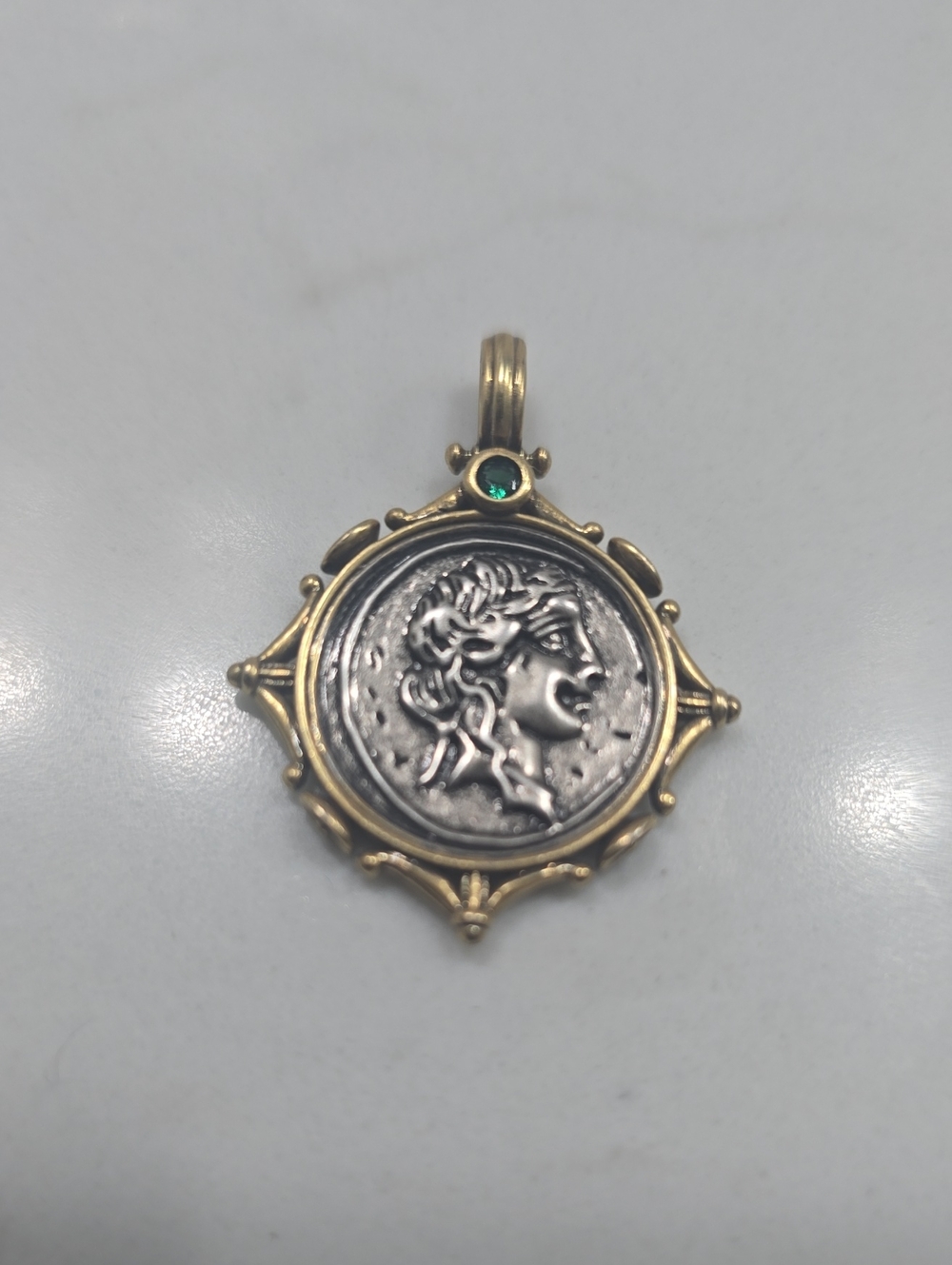 Vintage-Inspired Gold & Silver Coin Pendant with Green Accent